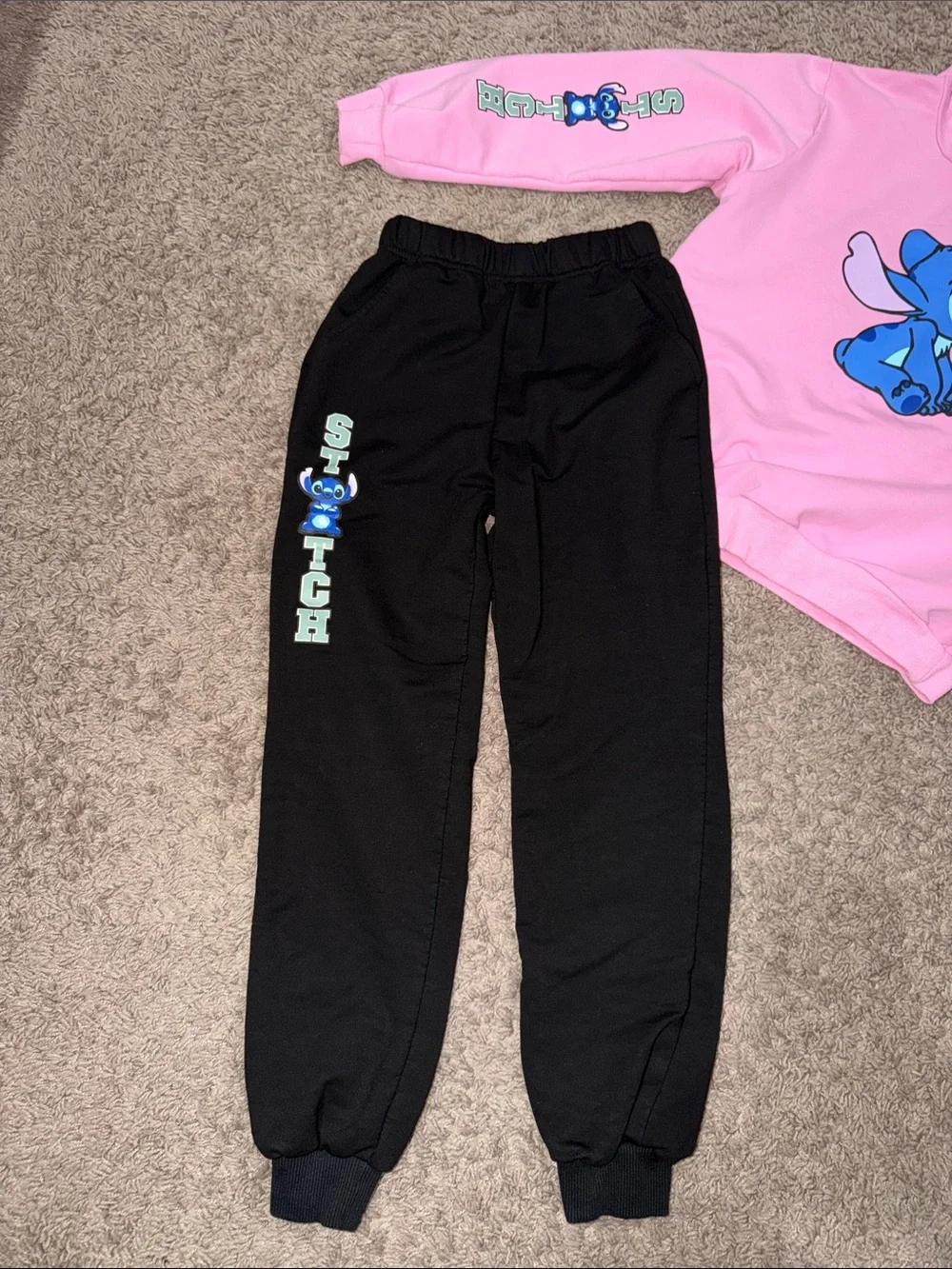 Pink Stitch Character Hoodie & Black Jogger Matching Set